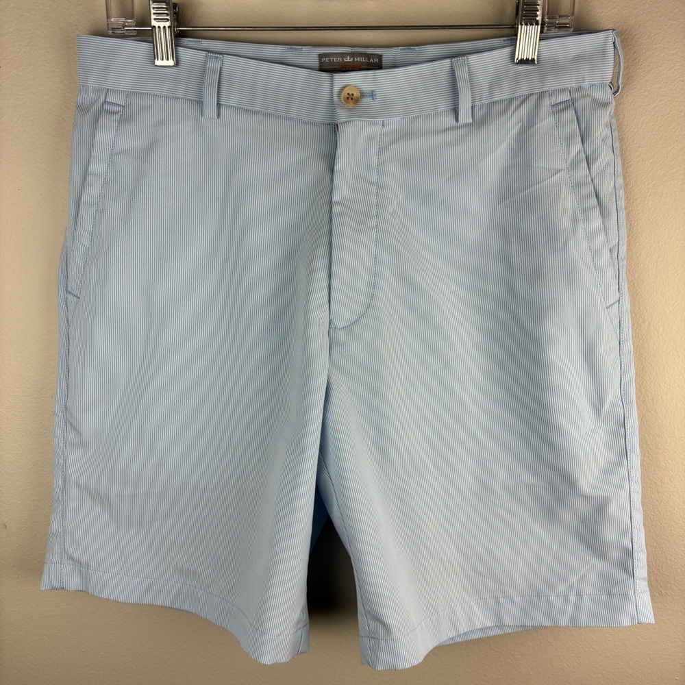 Peter Millar Pincord Wicking Shorts Men's Sz 32 Golf Blue Striped 9" Inseam
